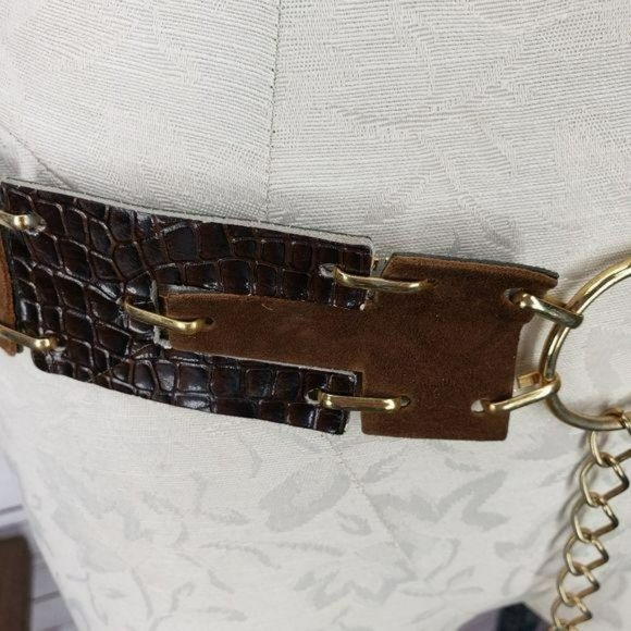 Brown Leather Gold Hoop Hook Closure Statement Belt ‎ Cosplay - Picture 3 of 11